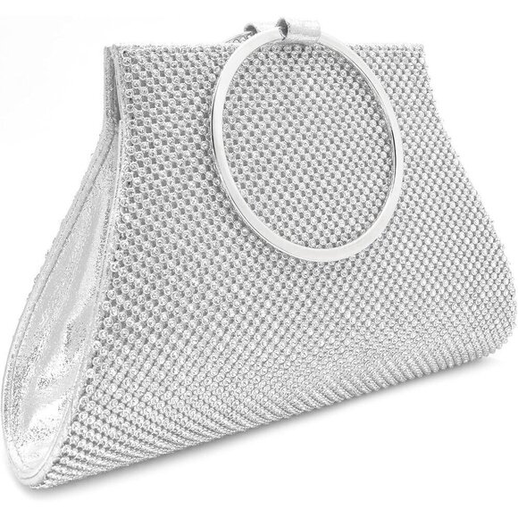 Women Silver Crystal Clutch Elegant Wristlet Bride Handbag - Picture 1 of 6